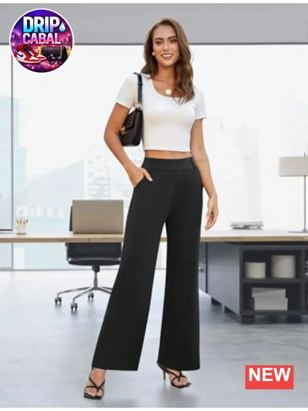 Wide Leg Dress Pants High Waist Stretchy Polyester Blend Work Slacks with